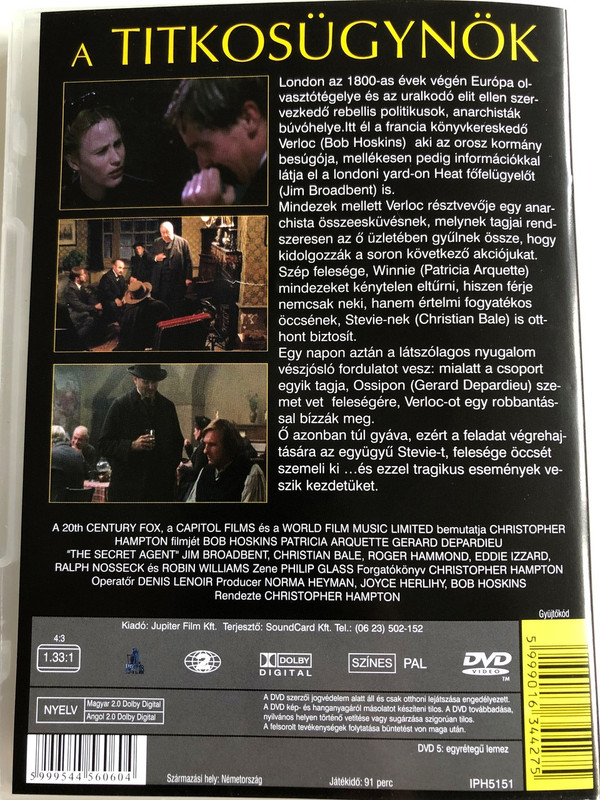The Secret Agent DVD 1996 A Titkosügynök / Directed by Christopher Hampton / Starring: Bob Hoskins, Patricia Arquette, Gerard Depardieu (5999544560604)