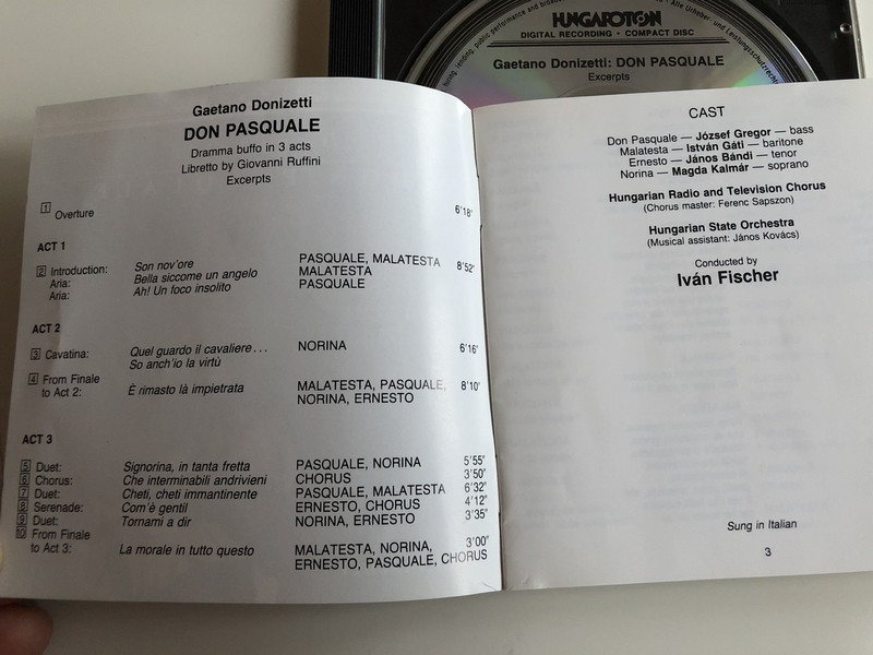 Donizetti - Don Pasquale (Excerpts) / József Gregor, Magda Kalmár, István Gáti, János Bándi / Conducted by Iván Fischer / Hungaroton HCD 12610-2 / Drama buffo in 3 acts