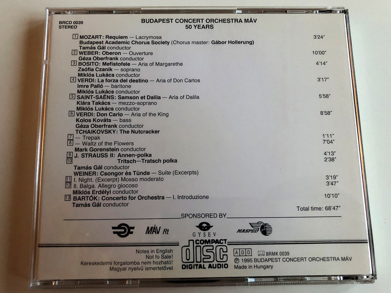 Budapest Concert Orchestra MÁV / Máv Szimfonikus Zenekar / 50 year anniversary (1945-1995) / Compilation of Great Classics / BRCD 0039 (BRCD 0039)