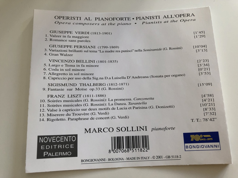 Bellini, Verdi, Thalberg, Liszt - Operisti Al Piano / Pianisti All'Opera - Marco Sollini / pianoforte / Novecento Editrice Palermo / Bongiovanni / AUDIO CD 2001 (8007068511822) 