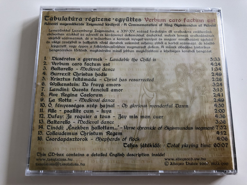 Tabulatúra régizene-együttes - Verbum caro factum est / Audio CD / Adventi megemlékezés Zsigmond királyról / A Commemoration of King Sigismundus at Advent / Allegro Thaler 2007 / MZA-090