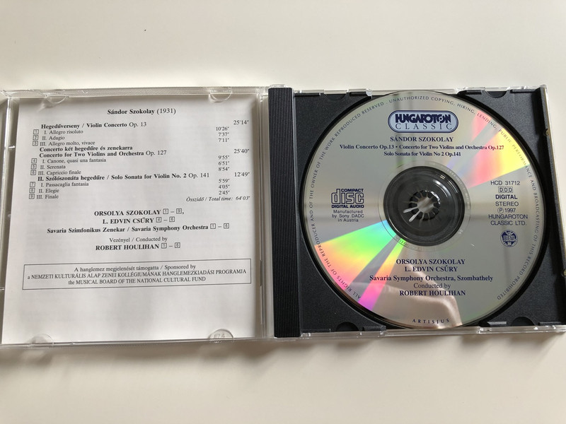 Sándor Szokolay - Violin Concerto / Audio CD 1997 / Concerto For Two Violins And Orchestra / Solo Sonata For Violin No. 2 / Orsolya Szokolay, L. Edvin Csűry / Savaria Symphony Orchestra, Robert Houlihan ‎ / Hungaroton Classic / HCD 31712 (5991813171221)