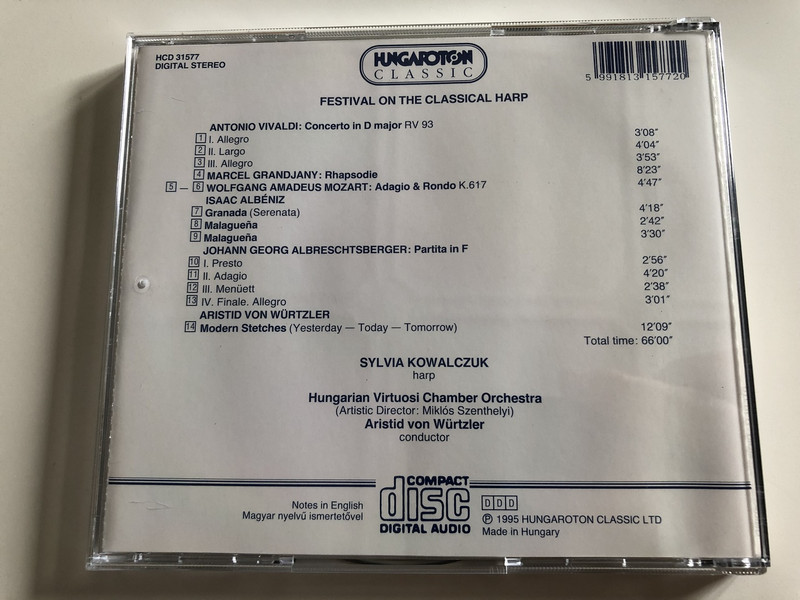 Festival on the Classical Harp / Sylvia Kowalczuk / Audio CD 1995 / Albrechtsberger, Grandjany, Würtzler, Albeniz, Mozart, Vivaldi / Hungarian Virtuosi, Aristid von Würtzler / Hungaroton Classic / HCD 31577 (5991813157720)