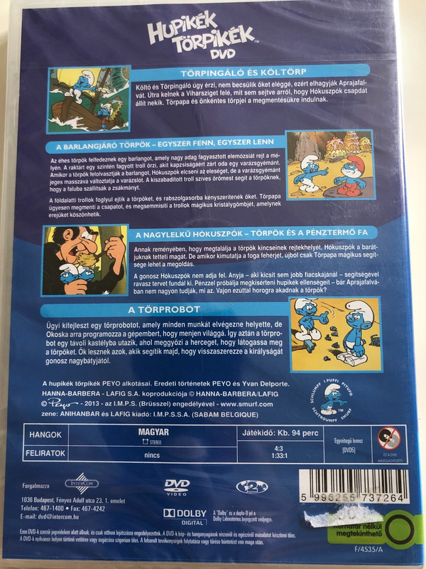 The Smurfs 1990 DVD 5. Hupikék Törpikék / Directed by José Dutillieu, George Gordon / Törpingáló és költörp, A Barlangjáró Törpök, A Nagylelkű hókuszpók, A törprobot / Hanna-Barbera / 6 episodes on disc 