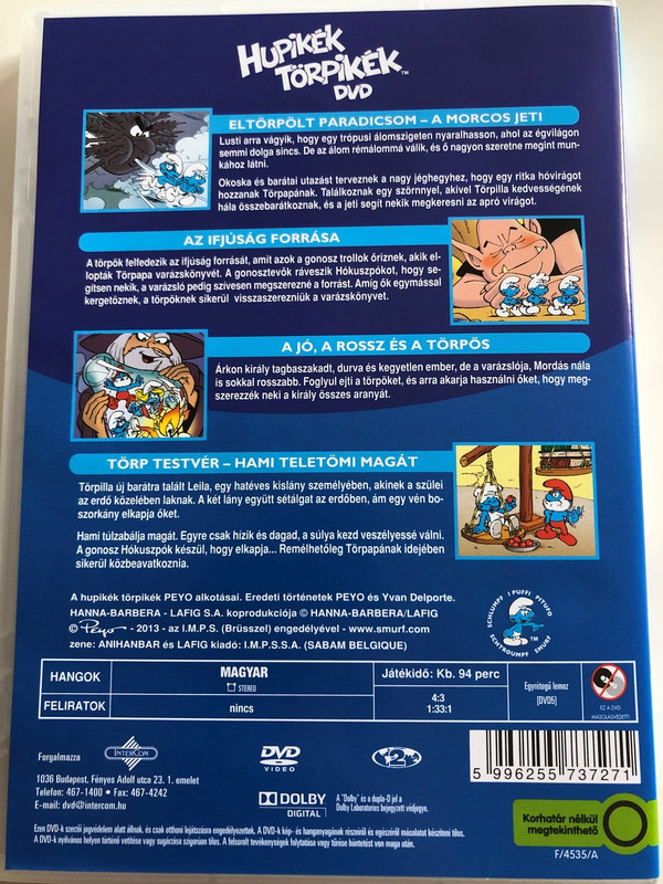 The Smurfs 1990 DVD 6. Hupikék Törpikék / Directed by José Dutillieu, George Gordon / Eltörpölt Paradicsom, Az Ifjúság Forrása, A jó, a rossz és a törpös, Törp Testvér / Hanna-Barbera / 6 episodes on disc (5996255737271)