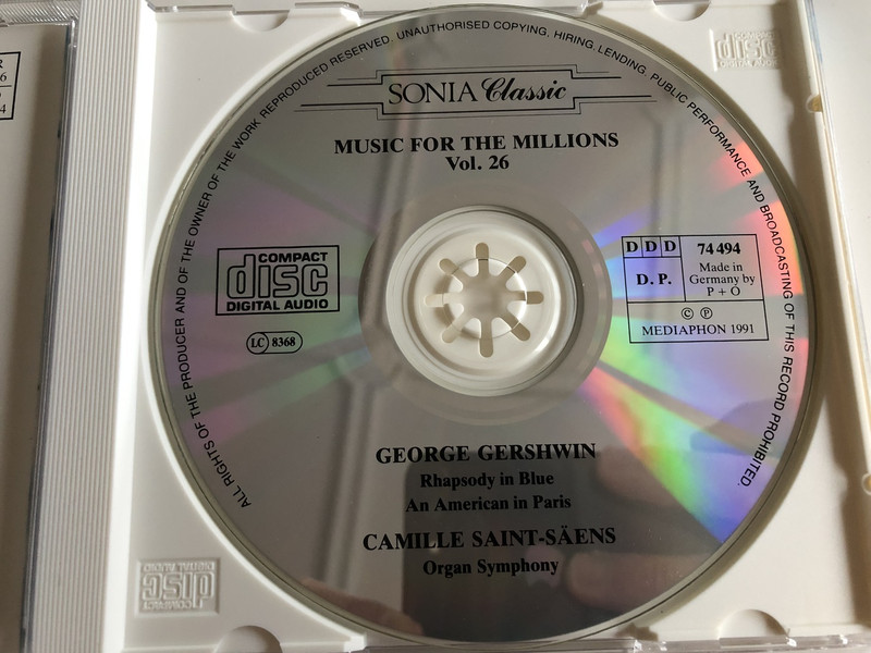  Music for the millions Vol.26 Gershwin / Rhapsody in Blue, An American in Paris, Saint-Saens: Organ Symphony, Slovac National Philh. Orchestra, Iwan Sokol, Organ Cond./Dir: L. Pesek, B. Rezucha / AUDIO CD 1991 (4002587744946) 