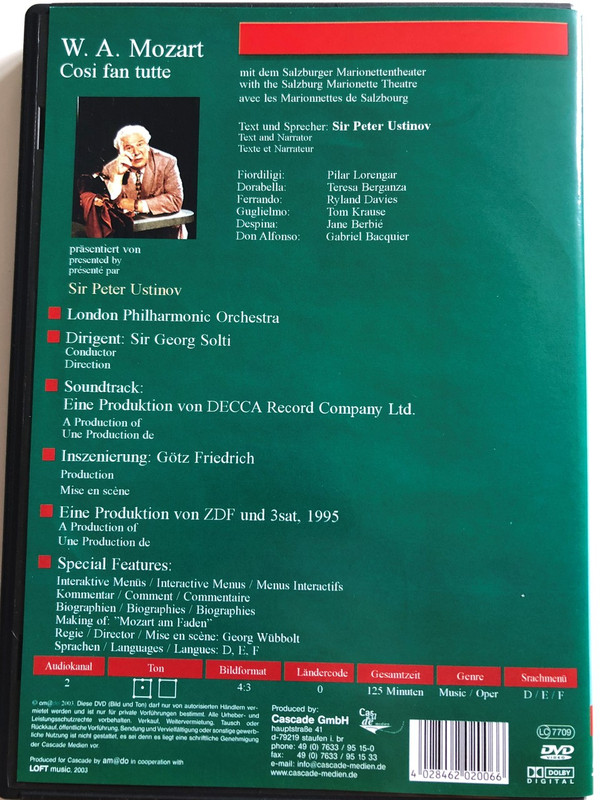W.A. Mozart: Cosi fan tutte DVD 2003 All Women Do It / Directed by Georg Wübbolt / Text and Narration by Sir Peter Ustinov / The Salzburg Marionette Theatre / London Philharmonic Orchestra / Conducted by Sir Georg Solti (4028462020066)