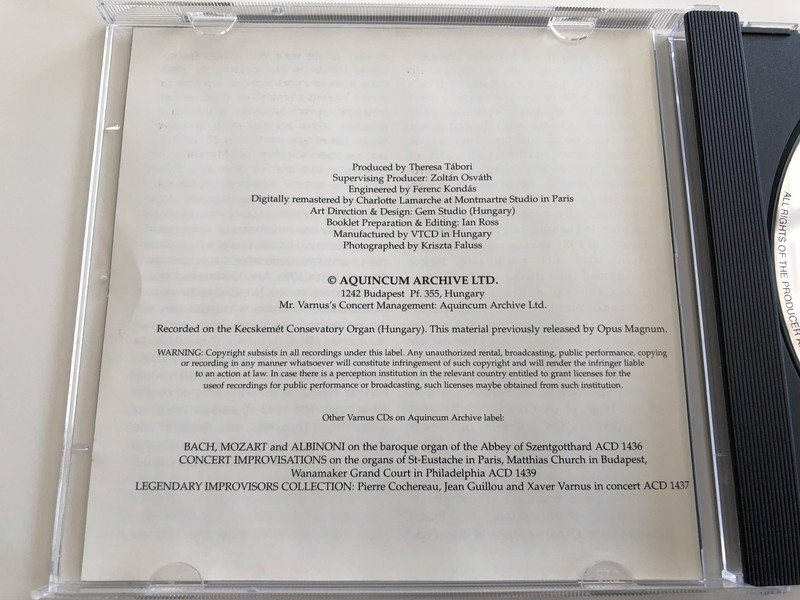 Xaver Varnus The legendary organist plays Bach / Audio CD 1994 / Great Prelude in E Flat Major / Prelude & Fugue in E minor / Fantasia & Fugue in G minor / Air on the G string / Recorded on the Kecskemét Conservatory Organ in Hungary / Aquincum Archive Ltd. / ACD 1438 (ACD-1438Bach)