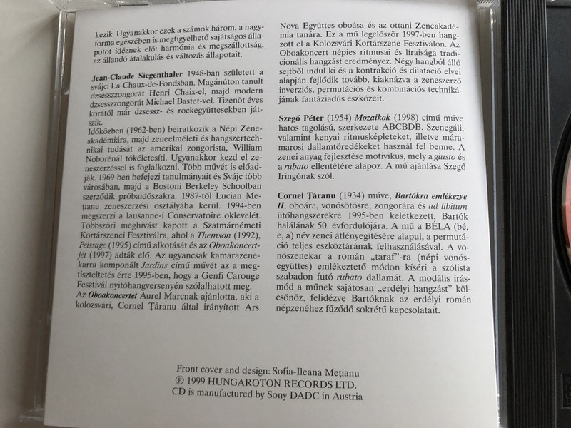 Kortárs Zene / Contemporary Music / "Ars Nova" Ensemble of Cluj / Conducted by Taranu Cornel / Lucian Metianu, Peter Szegő, J. C. Siegenthaler, Vincent Chappuis / Hungaroton Classic / HCD 31875 (5991813187529)