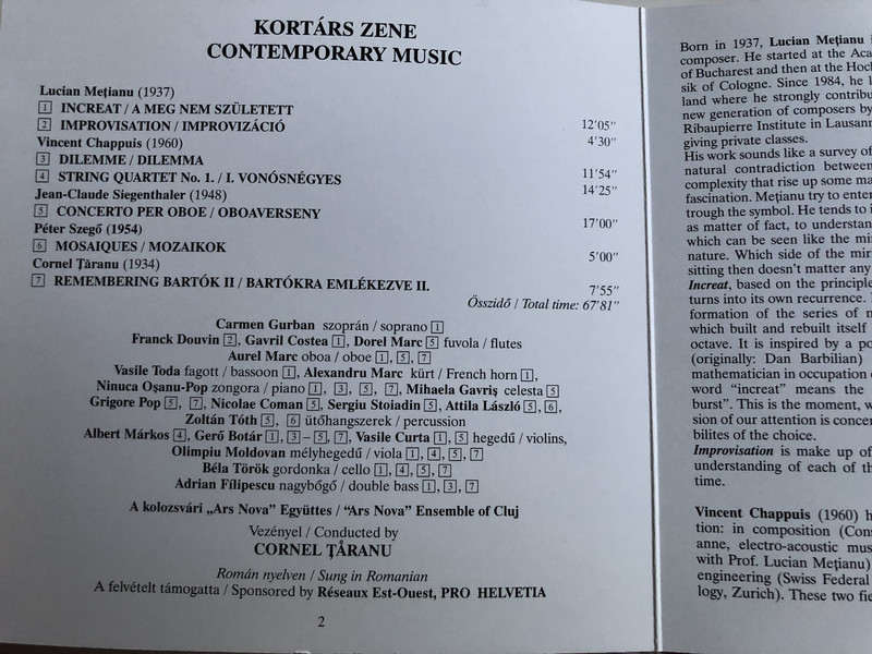 Kortárs Zene / Contemporary Music / "Ars Nova" Ensemble of Cluj / Conducted by Taranu Cornel / Lucian Metianu, Peter Szegő, J. C. Siegenthaler, Vincent Chappuis / Hungaroton Classic / HCD 31875 (5991813187529)
