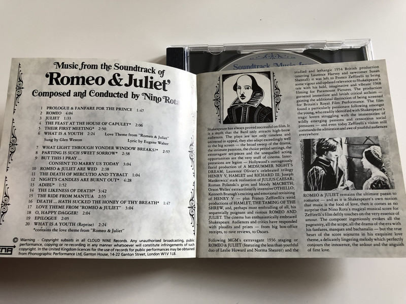 Romeo & Juliet - Soundtrack Music From Franco Zeffirelli's 1968 film / Audio CD 1991 / Composed and Conducted by Nino Rota / Cloud Nine Records (5014929500027)