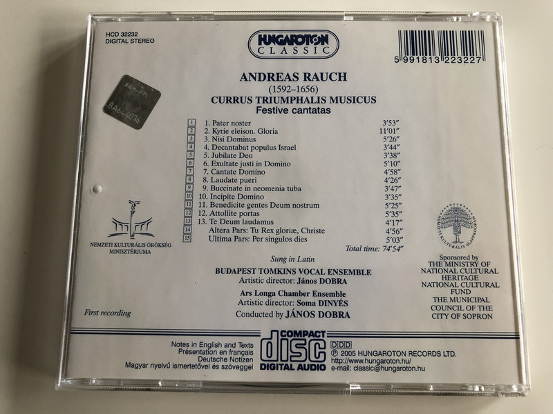 Andreas Rauch Currus triumphalis musicus - Festive Cantatas / Audio CD 2005 / Budapest Tomkins Vocal Ensemble / Ars Longa Chamber Ensemble / Conducted by János Dobra / Hungaroton Classic / HCD 32232 (5991813223227)