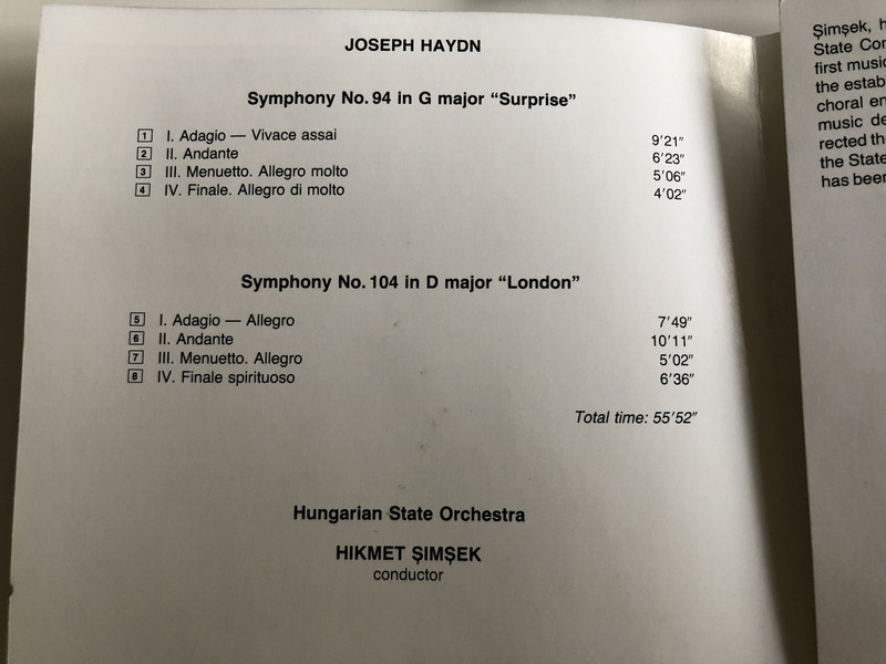Joseph Haydn - Symphonies / G major No.94 "Surprise" / D major No. 104 "London" / Hungarian State Orchestra / Conducted by Hikmet Şimşek / Hungaroton / HCD 31205 (5991813120526)