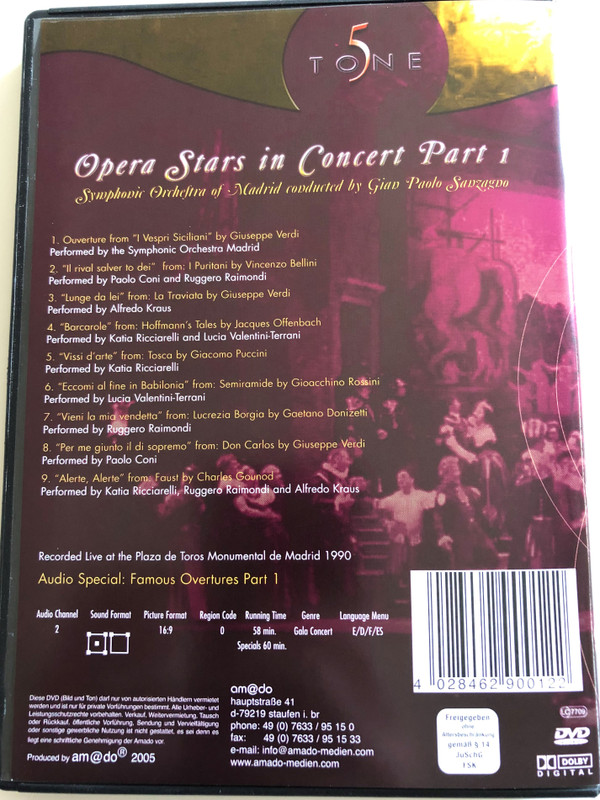 Opera Stars In Concert Part 1 / Symphonic Orchestra of Madrid / Conducted by Gian Paolo Sanzagno / Alfredo Kraus, Paolo Coni, Ruggero Raimondi, Katia Ricciarelli, Licia Valentini-Terrani perform highlights from Rigoletto, Carmen, The Barber of Seville... / To5one (4028462900122)