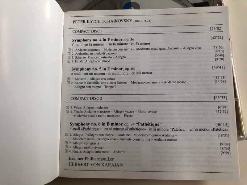 Tchaikovsky Symphonies 4, 5 & 6 "Pathétique" / Berliner Philharmoniker / Conducted by Herber von Karajan / 2 CD Audio set / PY925 (028945308821)