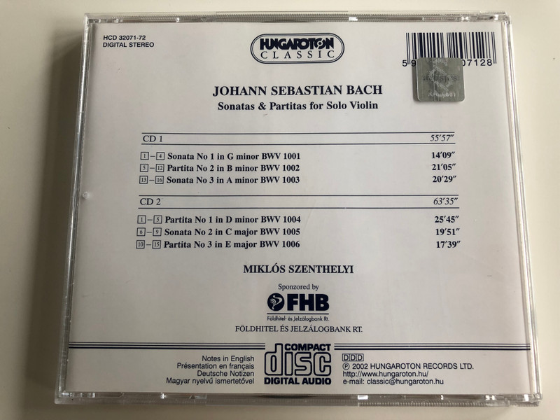J. S. Bach - Sonatas & Partitas for Solo Violin BWV 1001-1006 / Miklós Szenthelyi Violin / Audio CD 2002 / Hungaroton Classic 2 CD set / HCD 32071-71 (5991813207128)