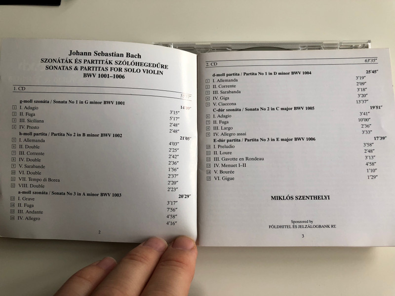 J. S. Bach - Sonatas & Partitas for Solo Violin BWV 1001-1006 / Miklós Szenthelyi Violin / Audio CD 2002 / Hungaroton Classic 2 CD set / HCD 32071-71 (5991813207128)