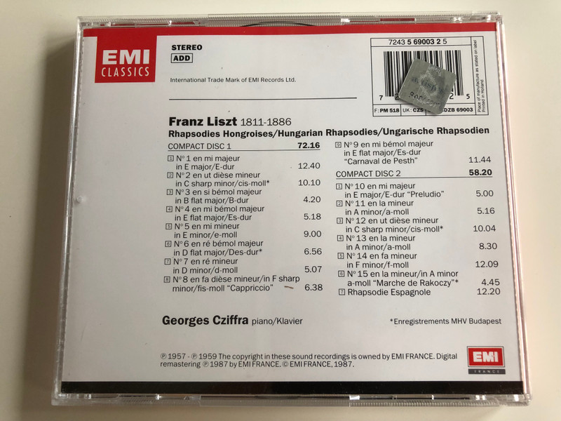 Franz Liszt - Hungarian Rhapsodies / Rhapsodies Hongroises / Ungarische Rhapsodien / Georges Cziffra piano / 2CD / EMI classics (724356900325)