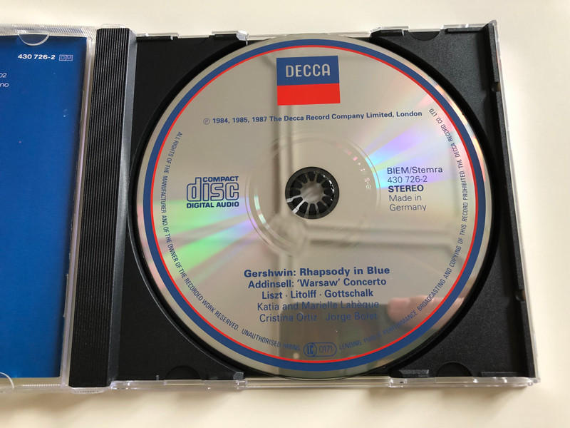 Gershwin - Rhapsody in Blue / Addinsell - Warsaw Concerto / Audio CD 1991 / Liszt, Litolff, Gottschalk, Katia and Marielle Labéque, Cristina Ortiz, Jorge Bolet / Decca / BA924 (028943072625)