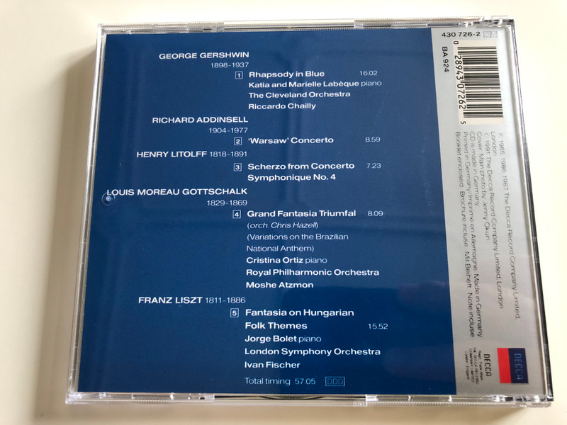 Gershwin - Rhapsody in Blue / Addinsell - Warsaw Concerto / Audio CD 1991 / Liszt, Litolff, Gottschalk, Katia and Marielle Labéque, Cristina Ortiz, Jorge Bolet / Decca / BA924 (028943072625)
