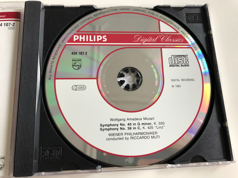W.A. Mozart - Symphonien Nr. 36 "Linzer" & Nr. 40 / Wiener Philharmoniker / Conducted by Riccardo Muti / Audio CD 1993 / Philips Digital Classics (028943410724)