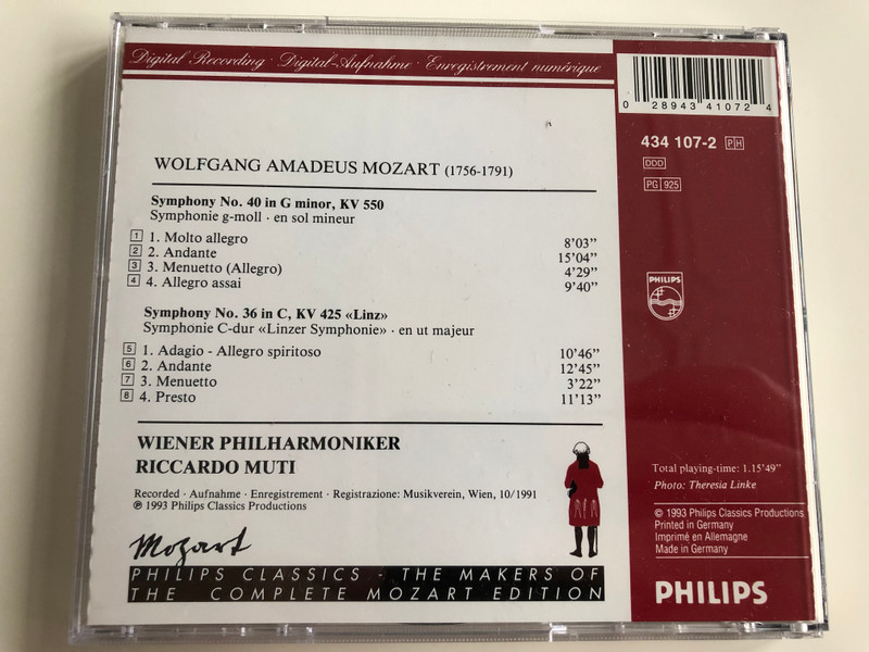 W.A. Mozart - Symphonien Nr. 36 "Linzer" & Nr. 40 / Wiener Philharmoniker / Conducted by Riccardo Muti / Audio CD 1993 / Philips Digital Classics (028943410724)