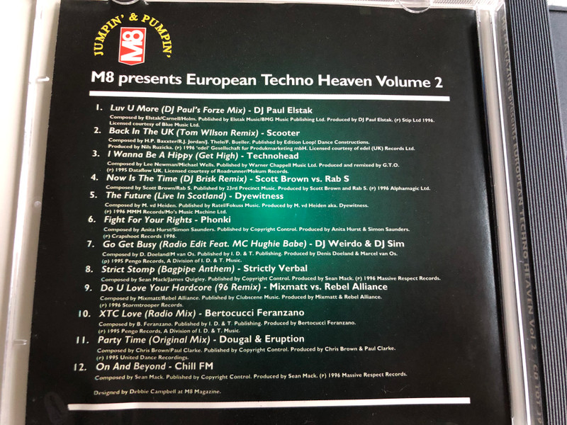 M8 presents European Techno Heaven Vol. 2 / Jumpin' & Pumpin' / DJ Paul Elstak, Scooter, Phonki, Technohead, Scott Brown vs Rab S. / Audio CD 1996 / CD TOT 39 (5013993903925)