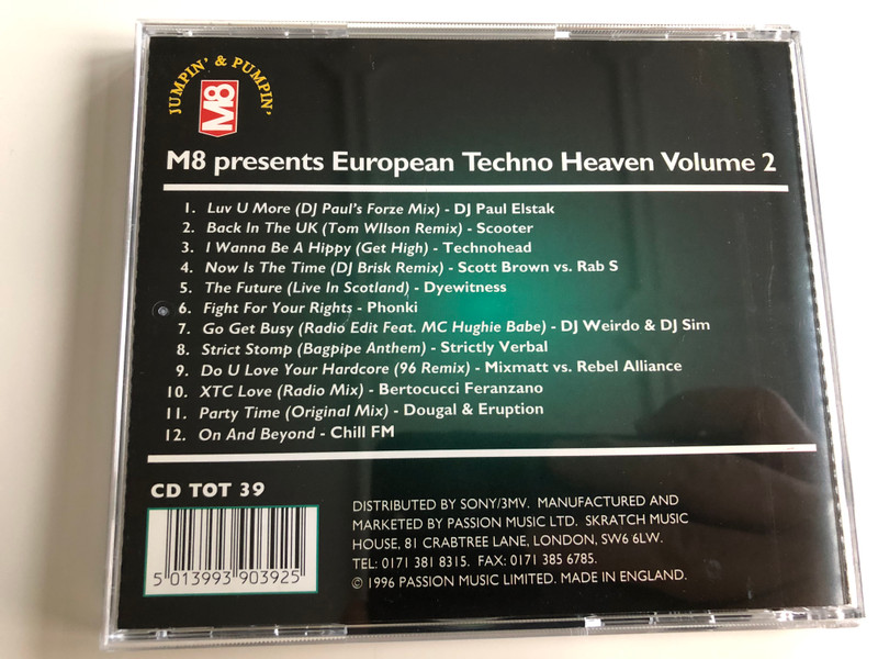 M8 presents European Techno Heaven Vol. 2 / Jumpin' & Pumpin' / DJ Paul Elstak, Scooter, Phonki, Technohead, Scott Brown vs Rab S. / Audio CD 1996 / CD TOT 39 (5013993903925)