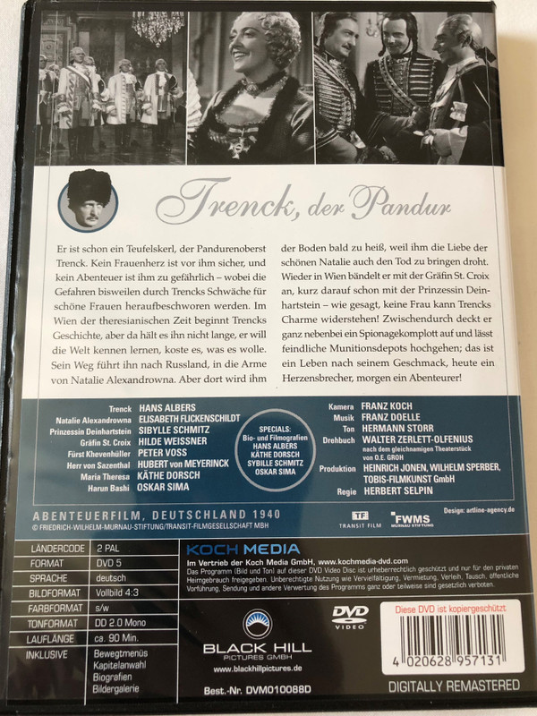 Trenck, der Pandur DVD 1940 / Directed by Herbert Selpin / Starring: Hans Albers, Elisabeth Flickenschildt, Sybille Schmitz / Digitally Remastered / Deutsche Filmklassiker (4020628957131)