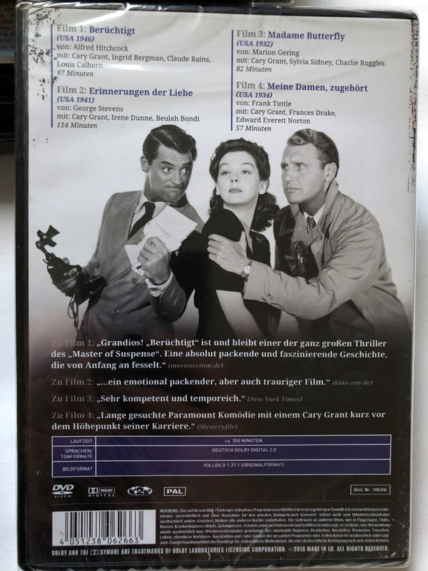  Cary Grant Box - 4 films with over 350 minute runtime / Notorious 1946, Penny Serenade 1941, Madame Butterfly 1932, Ladies Should Listen 1934 / Cary Grant B&W Classics in German language / 2 DVD (4051238062663)