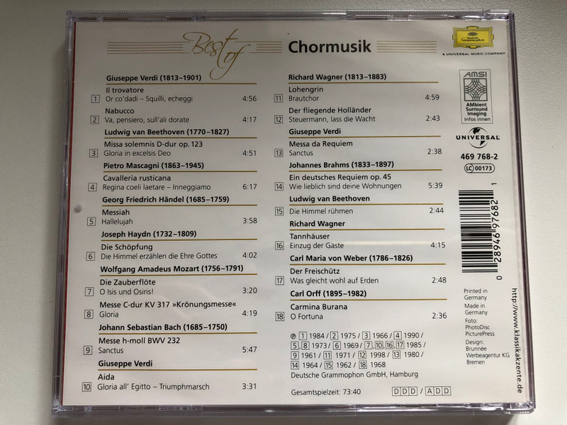 Best of Chormusik / Audio CD / Chor der Mailänder Scala - John Alldis Choir - Chor der Deutschen Oper Berlin - Wiener Singverein  / Abbado, Karajan, Giulini, Sinopoli / Eloquence - AMSI