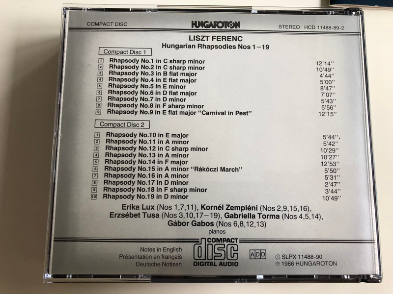 Liszt Ferenc - Hungarian Rhapsodies for Piano (Complete) / Erika Lux, Kornél Zempléni, Erzsébet Tusa, Gabriella Torma, Gábor Gabos / Hungarorton / 2 x Audio CD 1989 / HCD 11488-89-2 (HCD11488-89-2)