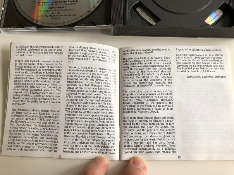 Franz Liszt - Die Legende von der Heiligen Elisabeth / Maria Szechowska, Doreen Millmann, Klaus Lapins, Istvan Bercewy / Frankfurter und Marburger Konzertchor, Hersfelder Festspielchor, Radio-Sinfonieorchester Warschau / Siegfried Heinrich / 2x Audio CD 1992 (099923129127)