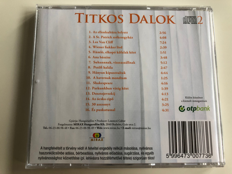 Cseh Tamás Titkos Dalok 2 / Az ellenkultúra helyett, Lee Van CLiff, Ana Bászisz, Petőfi halála, Shakespeare, Az ócska cipő / Audio CD 2009 / Mirax (5996473007736)