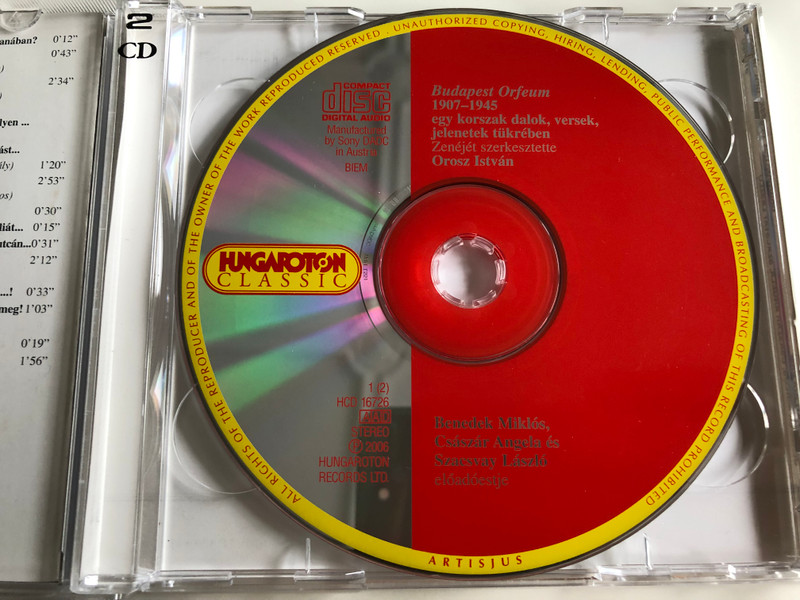 Budapest Orfeum / Szacsvay László, Császár Angéla, Benedek Miklós / Hungaroton Classic / Audio CD 2006 / HCD 16726-27 (5991811672621)