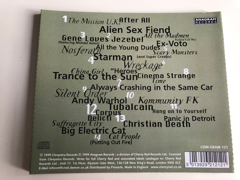 Goth Oddity / A Tribute to David Bowie ft. Alien Sex Fiend, Mission UK, Nosferatu, Christian Death Gene Loves Jezebel / Audio CD 1999 / Cleopatra records / CDM Gram 121 (5013929212121)