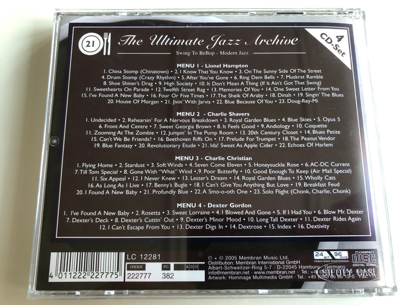 The Ultimate Jazz Archive / 4 CD- Set / Swing to BeBop - Modern Jazz / Lionel Hampton, Charlie Shavers, Charlie Christian, Dexter Gordon / Audio CD SET 2005 / Membran Music / LC12281 (4011222227775)