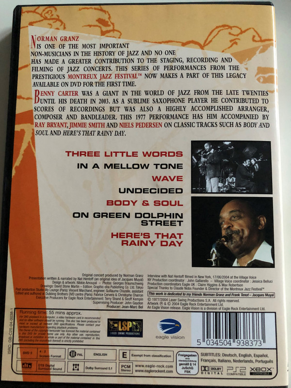 Benny Carter '77 DVD 2004 / Norman Granz' Jazz in Montreux / Three Little Words, In a Mellow Tone, Body & Soul, Here's that Rainy Day / Restored and Remastered in Dolby Digital 5.1 & DTS surround (5034504938373)
