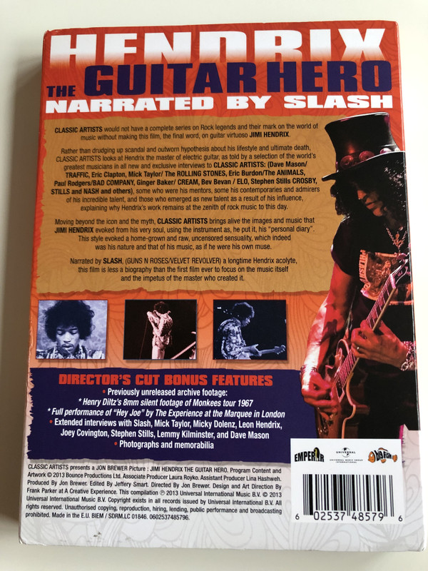 Jimi Hendrix the Guitar Hero DVD 2013 / Celebrated by Legends of Rock / Directed by Jon Brewer / Narrated by "Slash" / Director's Cut / 2 DVD set including 5 hrs of Bonus Features