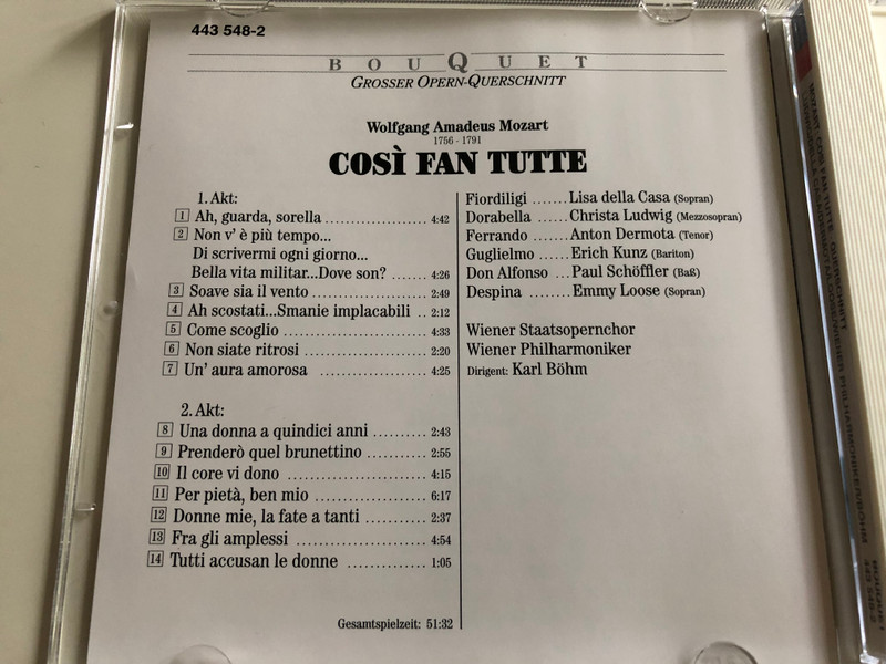 W.A. Mozart - Cosí Fan Tutte / Lisa della Casa - Christa Ludwig - Emmy Loose - Anton Dermota - Paul Schöffler / Wiener Philharmoniker / Conducted by Karl Böhm / Bouquet - Grosser Opern-Querschnitt / (028944354829)