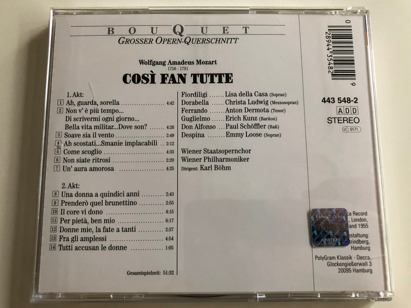 W.A. Mozart - Cosí Fan Tutte / Lisa della Casa - Christa Ludwig - Emmy Loose - Anton Dermota - Paul Schöffler / Wiener Philharmoniker / Conducted by Karl Böhm / Bouquet - Grosser Opern-Querschnitt / (028944354829)