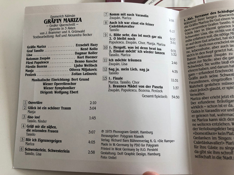 Emmerich Kálmán - Gräfin Mariza / Erzsébet Házy, Dagmar Koller, Ljuba Welitsch, Kurt Huemer, René Kollo, Benno Kusche u.v.a / Wiener Symphoniker / Conducted by Wolfgang Ebert / Philips / Goldene Operette / Audio CD (028942065826)