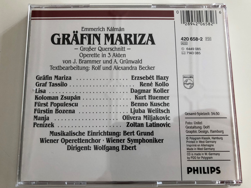 Emmerich Kálmán - Gräfin Mariza / Erzsébet Házy, Dagmar Koller, Ljuba Welitsch, Kurt Huemer, René Kollo, Benno Kusche u.v.a / Wiener Symphoniker / Conducted by Wolfgang Ebert / Philips / Goldene Operette / Audio CD (028942065826)