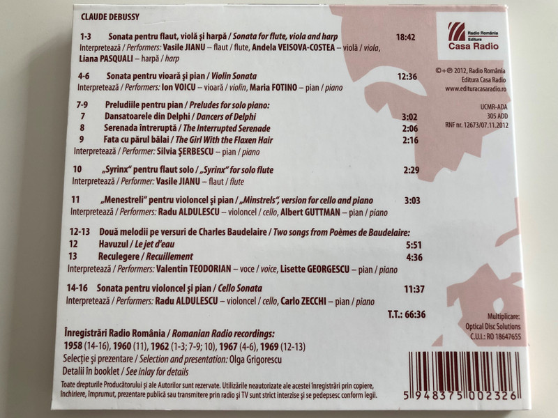  Debussy 150 / Audio CD 2012 / Interpretări istorice din Arhiva Radio România / Radu Aldulescu, Carlo Zecchi, Silvia Serbescu, Ion Voicu, Maria Fotino, Albert Guttman, Vasile Jianu, Liana Pasquali, Valentin Teodorian, Lisette Georgescu / Radio Romania (5948375002326)