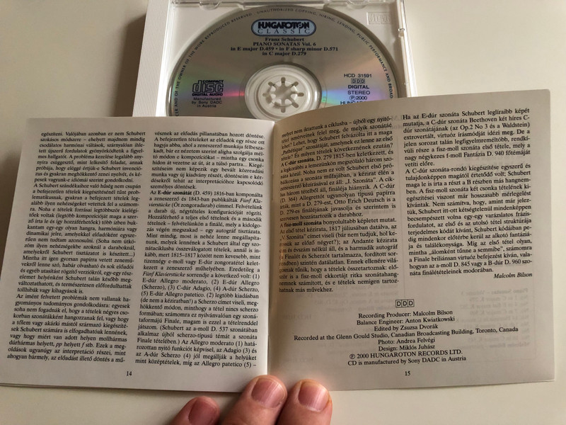 Schubert - Piano Sonatas Vol. 6 / in E Major D.459, In F sharp minor D.571, in C Major D.279 / Malcolm Bilson fortepiano / Hungaroton Classic Audio CD 2000 / HCD 31591 (5991813159120)