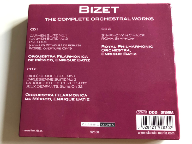 Bizet - The Complete Orchestral Works / Carmen Suites - L' Arlésienne / Royal Philharmonic Orchestra / Conducted by Enrique Batiz / Classic Mania / 3CD Set (5028421928302)