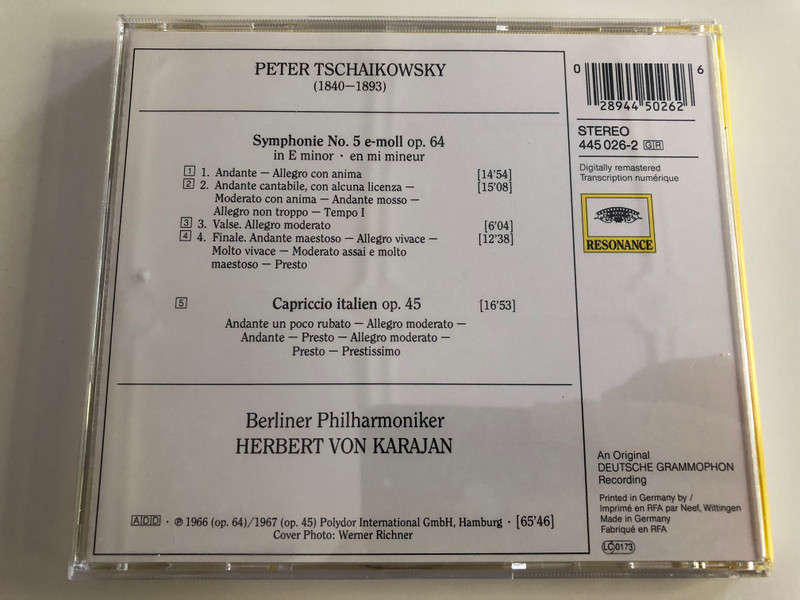 Peter Tschaikowsky - Symphonie Nr. 5 / Capriccio italien / Berliner Philharmoniker / Conducted by Herbert von Karajan / Audio CD / Resonance 445 026-2 (028944502626)