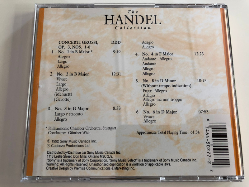 The Handel Collection / Deluxe Edition / Philharmonic Chamber Orchestra Stuttgart / Conductor Günther Wich / Audio CD 1992 / Candenza Productions (074645027722)