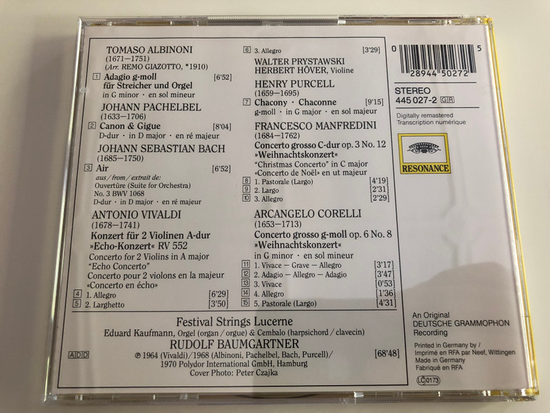  Festival Strings Lucerne / Rudolf Baumgartner / Albinoni, Pachelbel, Bach, Purcell / Corelli - Manfredini: Concerti grossi / Vivaldi "Echo-Konzert" / Audio CD / Resonance / 445 027-2 (028944502725)