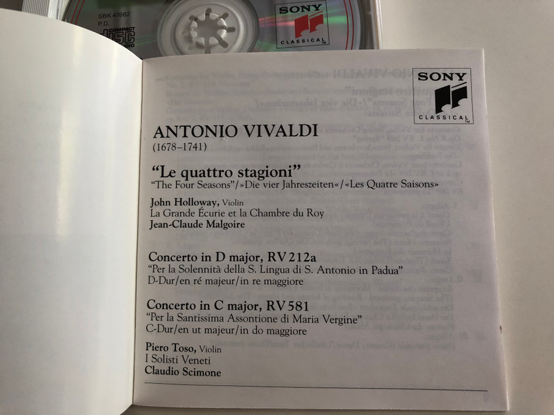 Vivaldi - The Four Seasons / Violin Concerto RV212a - Violin Concerto RV 581 / John Halloway - Piero Toso, Jean-Claude Malgorie / Claudio Scimone / Essential Classics / Audio CD 1991 / SBK 47 662 (5099704766225)